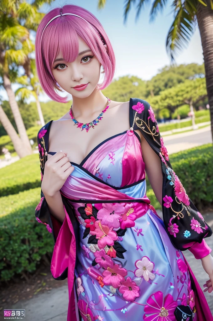 (masterpiece:1.4), (best quality:1.4), ultra high res, ultra high resolution, ((detailed facial features)), HDR, (realistic, photorealistic, photo-realistic:1.37), full body Esbian, sexy swedish model, (-anime), only 1 model, vivid colors, ((vivid colors multicolor (fuchsia, pink, light blue, purple) very short hair)), (seductive smile), lip-gloss, long lashes, defined eyebrows, wearing large sparkling colorful jewelery, wearing a red silk Paradise Kiss cosplay dress with black floral embroidery, ((vivid colors outfit)), vivid colors, look at the camera, cinematic light, large park background with trees, sweet and sexy pose