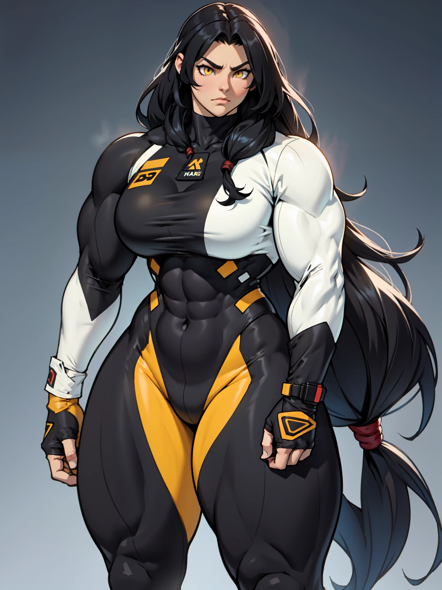 ((grey background)) pale skin black hair yellow eyes (very long hair) angry ((1 girl muscular toned body bodybuilder curvy wide hips thick thighs)) (solo) standing (long sleeves leotard)