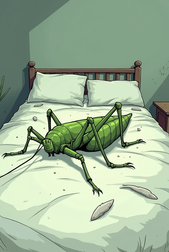 dead grasshopper insect in his bed, animated for a comic