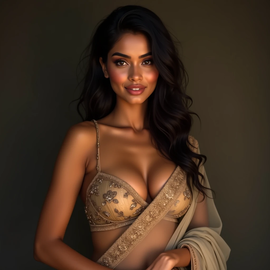 Indian girl, white skin, very beautiful, big round breasts, traditional sheer clothes, smiling, with a seductive body