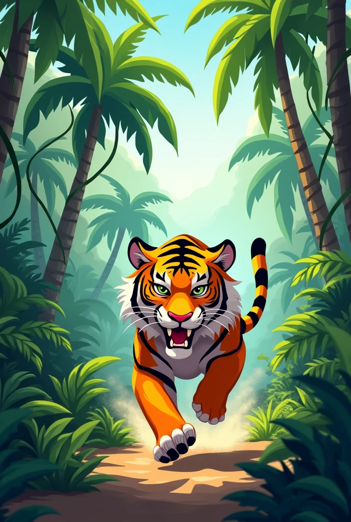 Create a cartoon tiger running in the jungle 