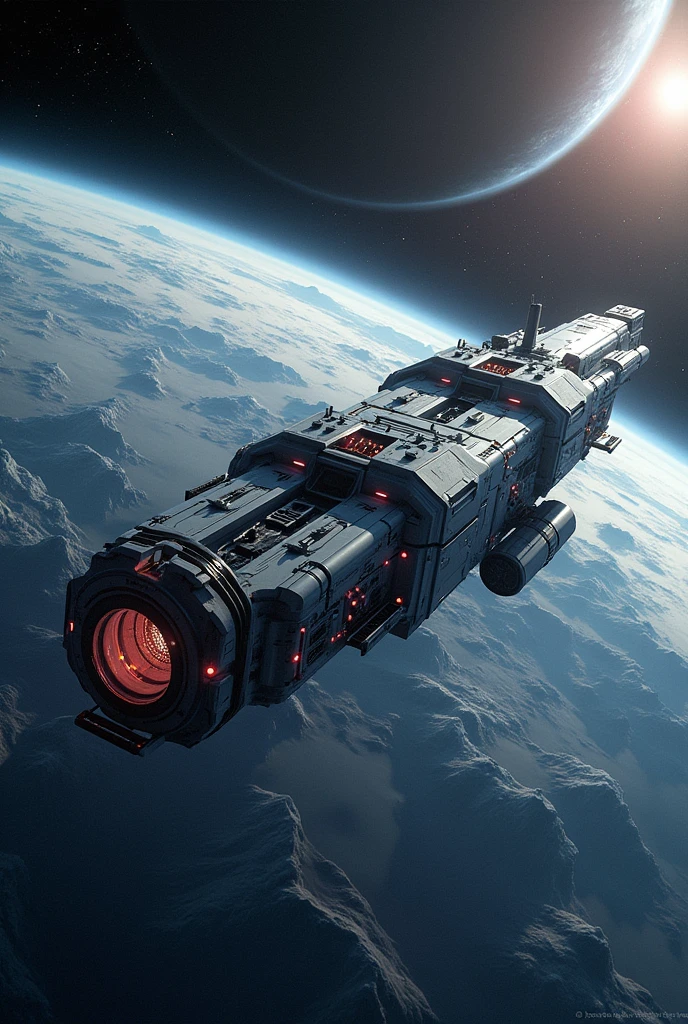 A creation depicting a space station orbiting a planet in the vacuum of space