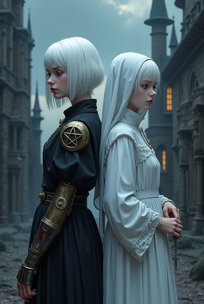 Two albino girls from the Middle Ages standing back to back with violet eyes and white hair, with the one on the left with short hair in dark alchemist clothes and with the left arm with a steampunk prosthesis with a pentagram and blood, and the one on the right in white nun's clothes holding a rosary with her eyes closed, with a church on the right side and a castle on the left side, the night.