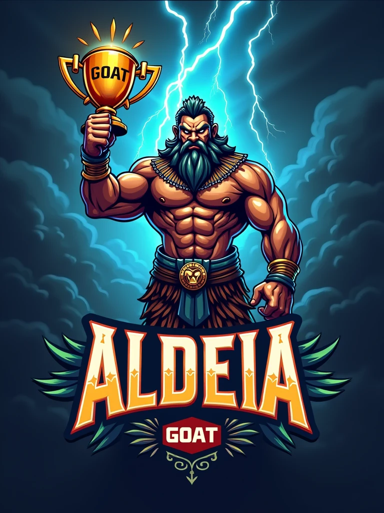 Create a sports logo for FPS games with the name ALDEIA featuring a mascot, the Thunder God Tupã, holding a trophy that says GOAT inside.