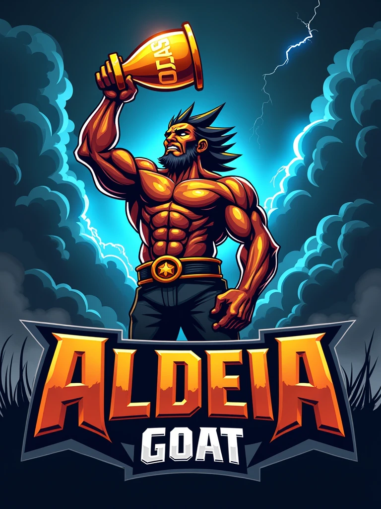 Create a sports logo for FPS games with the name ALDEIA featuring a mascot, the Thunder God Tupã, holding a trophy that says GOAT inside.