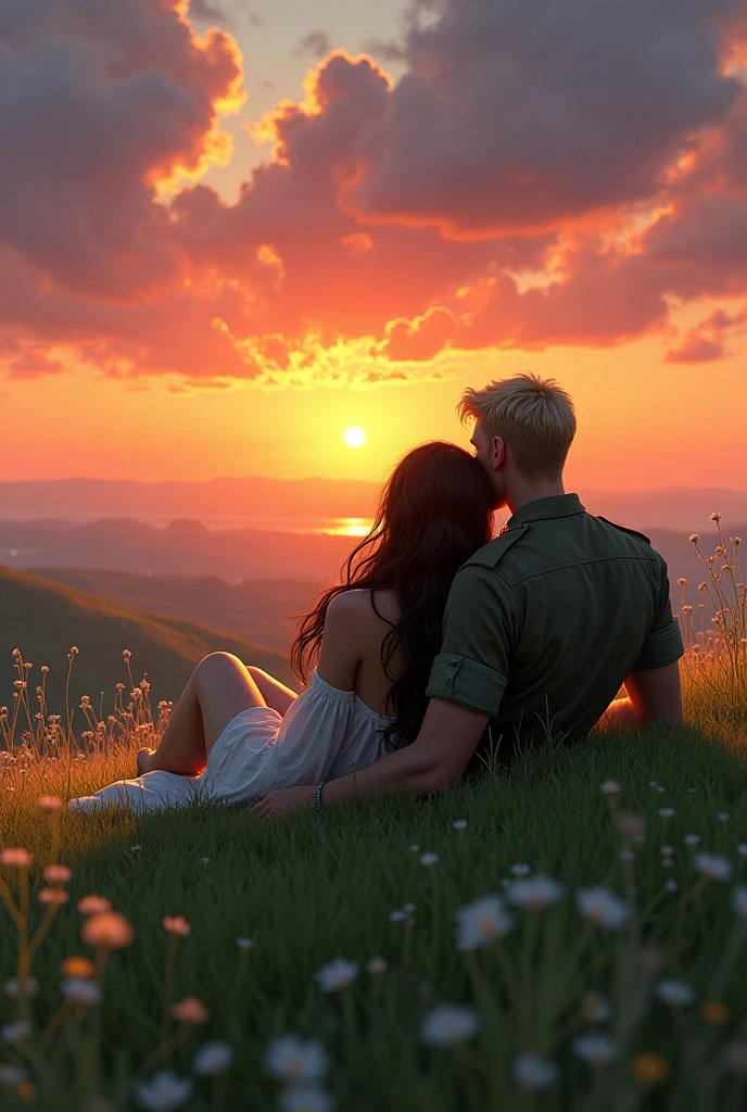 create a book cover image of a couple watching the sunset on top of a hill with a woman with long dark hair and a strong military man with blond hair lying on the grass watching the sunset