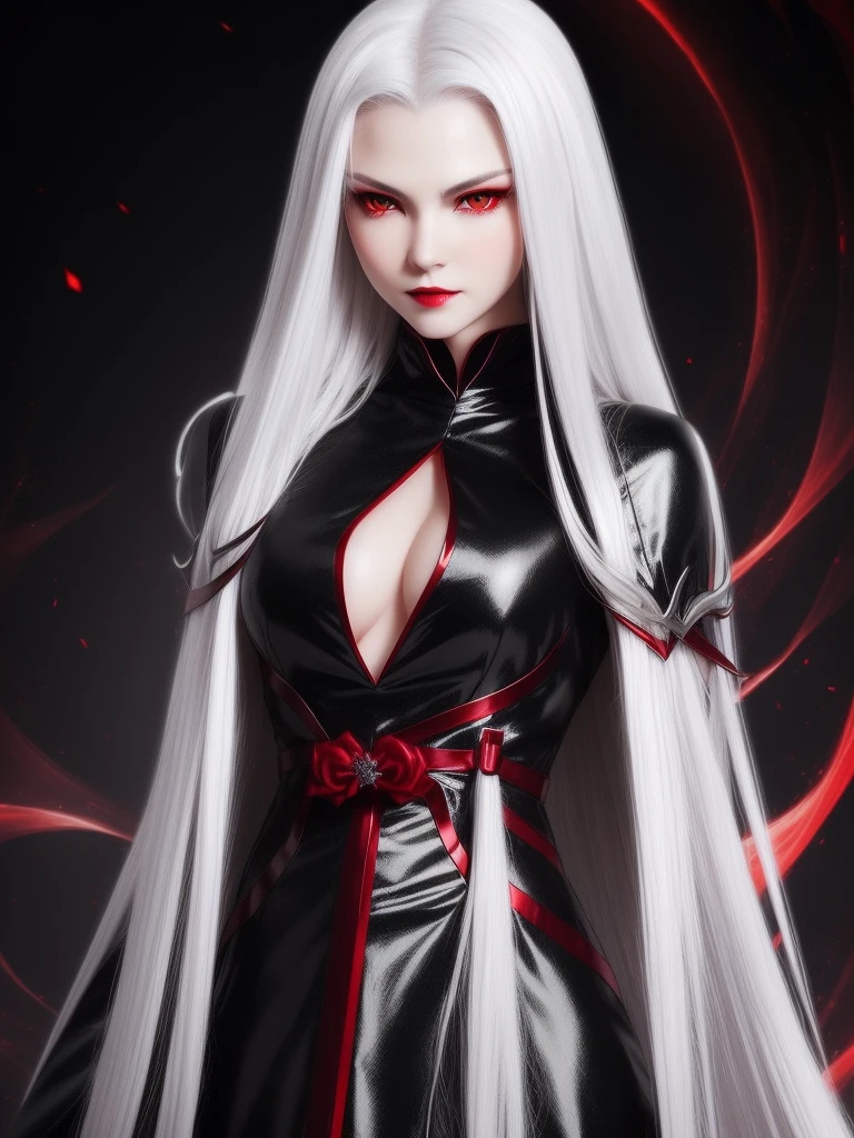 (Vampire、(Fair skin)、(Snow-white skin)、Silver hair long hair、(eyes glowing red)、red pupils、Golden Eyes、ruthless look、Jet black dress、Beautiful figure、Perfect Style)、Red Flame