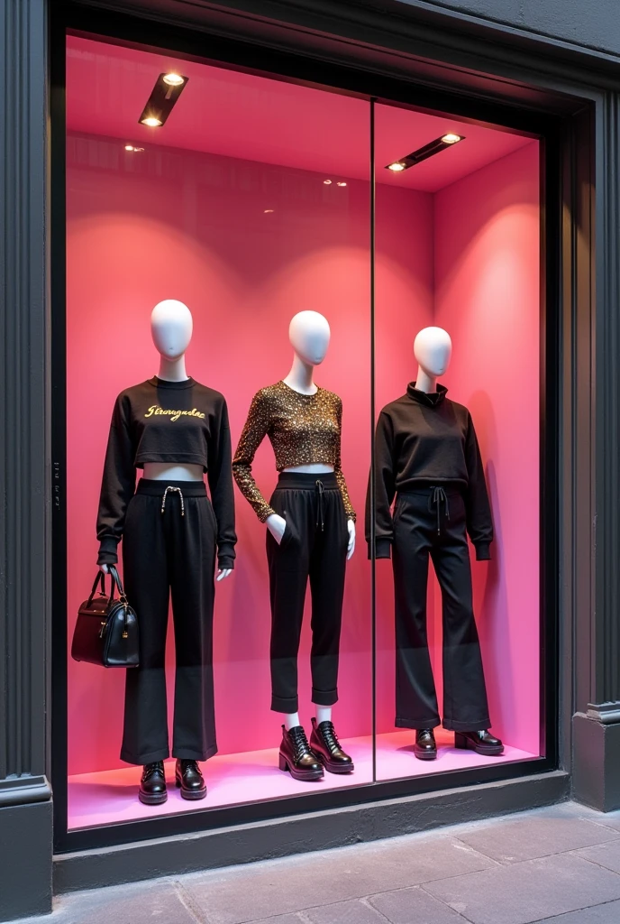 boutique de vêtement, devanture rose et noir, thème années 2000, vitrine jogging y2k et tops courts à strass avec grosse chaussuresac a main noir