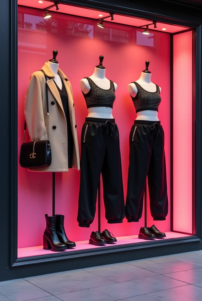 boutique de vêtement, devanture rose et noir, thème années 2000, vitrine jogging y2k et tops courts à strass avec grosse chaussuresac a main noir