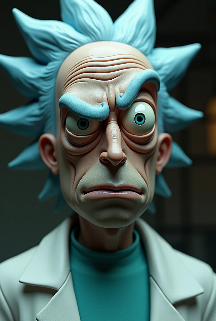 a hyper realistic rick sanchez from rick and morty wearing his lab coat, extremely detailed face and features, beautiful detailed eyes, beautiful detailed lips, extremely detailed skin texture, intricate facial details, strong facial expression, cinematic lighting, dramatic shadows, cinematic composition, photorealistic, hyper detailed, 8k, best quality, masterpiece, award winning
