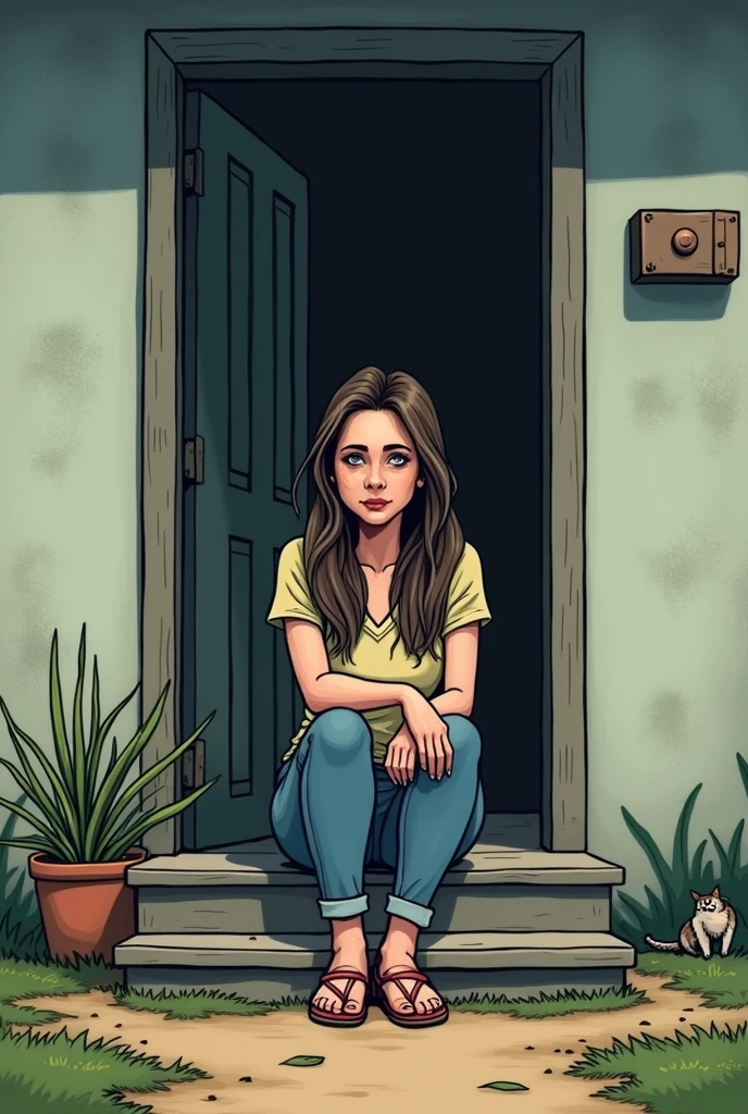 Give me a picture of a sad woman sitting on the doorstep of her house like a cartoon 