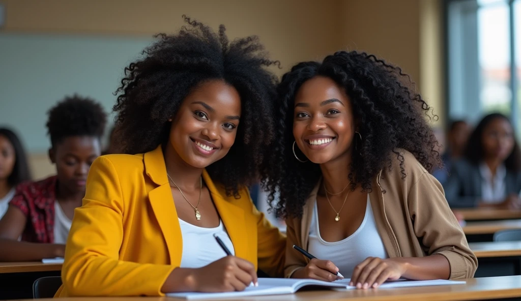 Two 20-year old sexy busty Nigerian female university students, sitting in a lecture room with their writing materials.