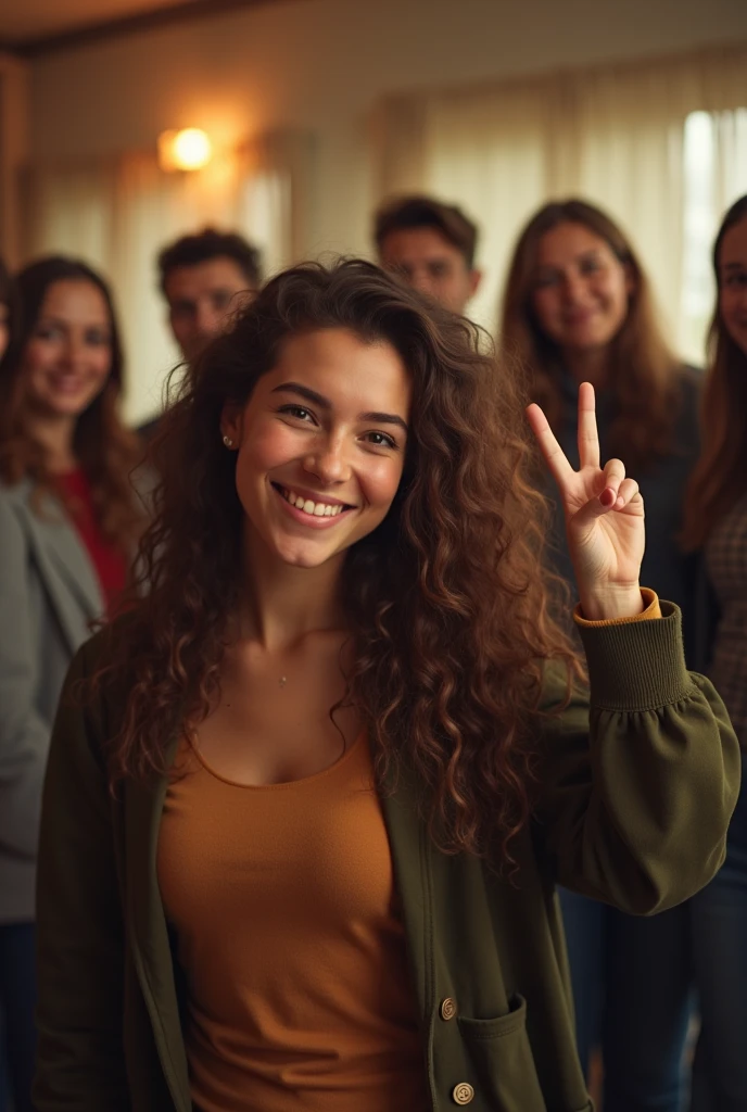 (photorealism:1.2), beautiful german woman in the middle of people, waist up only, gen z fashion, long curly hair, indoors, soft lighting, relaxed pose, realistic, intricate details, warm colors, smiling but side profile only, holding a peace sign, with a bunch of people and her family