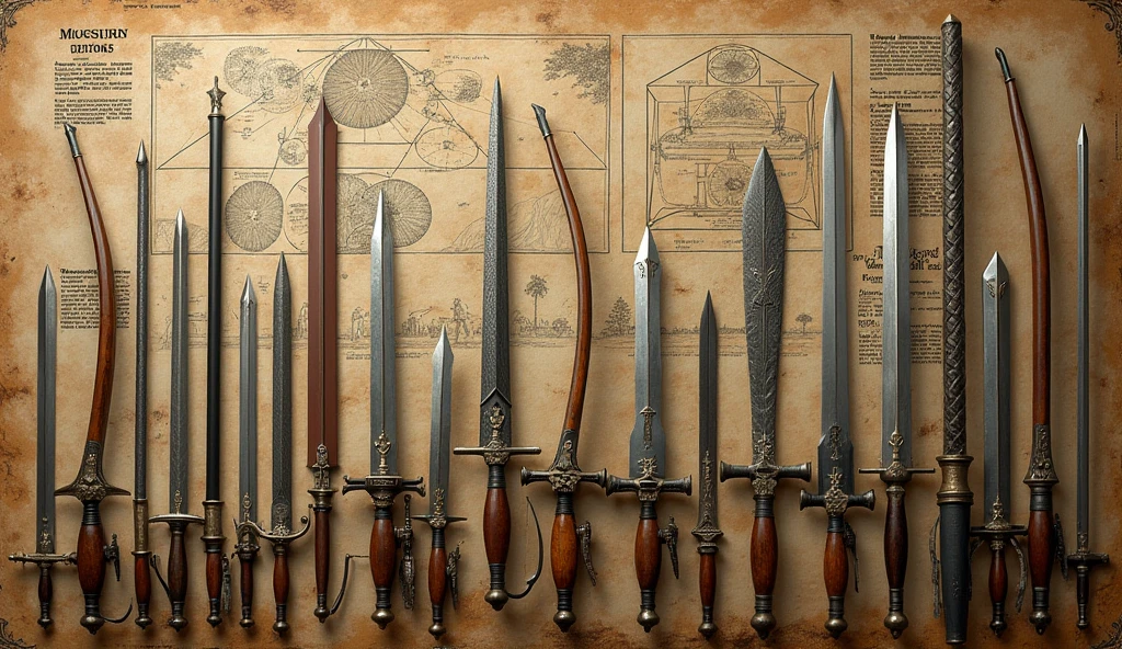 An image depicting medieval weapons such as English longbows and swords, placed alongside a detailed plan or diagram of military formations. The image highlights how warfare drove innovations in technology and strategy, with the weapons displayed prominently and the formations illustrated clearly. The style is inspired by Edmund Blair Leighton, featuring intricate details, historical accuracy, and a focus on the tactical aspects of medieval warfare., Surrealism, Hyperrealism, UHD, retina, masterpiece, accurate, anatomically correct, textured skin, super detail, high quality, award winning, 16k