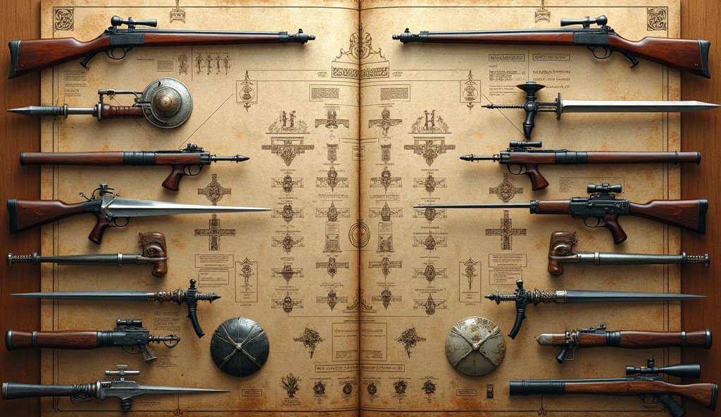 An image depicting medieval weapons such as English longbows and swords, placed alongside a detailed plan or diagram of military formations. The image highlights how warfare drove innovations in technology and strategy, with the weapons displayed prominently and the formations illustrated clearly. The style is inspired by Edmund Blair Leighton, featuring intricate details, historical accuracy, and a focus on the tactical aspects of medieval warfare., Surrealism, Hyperrealism, UHD, retina, masterpiece, accurate, anatomically correct, textured skin, super detail, high quality, award winning, 16k