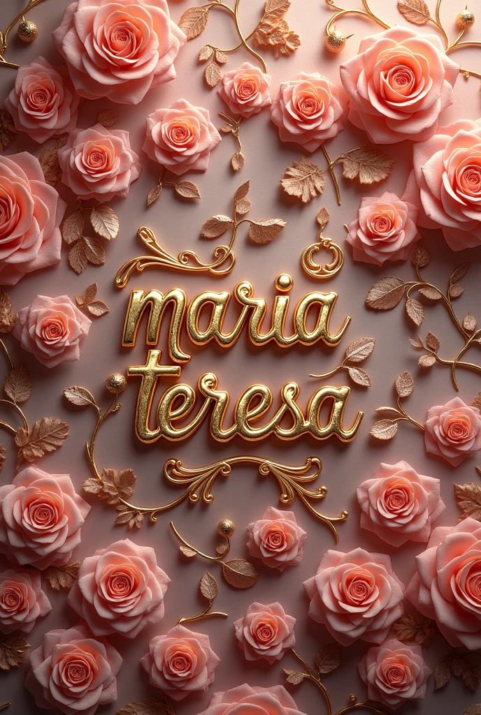 A pattern completely full of rose gold roses as a background that says "Maria Teresa" in a cursive fancy gold and silver font