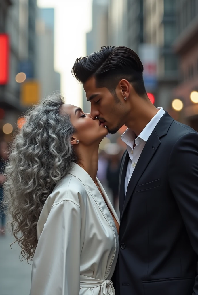 A sexy youthful looking white hot former female supermodel gray haired Filipino woman who may be 50 years old but she look like a 2 with her long curly hair now graying with her hair completely gray hair wearing a bathrobe walking in a city street with her younger black haired boyfriend who is half her age he is 2 male model he has short completely black hair he is wearing business attire he is kissing her on the lips
