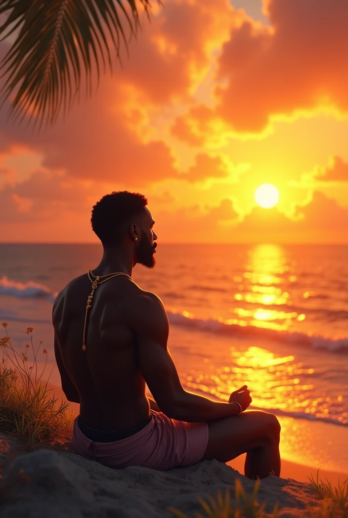 black man wearing gold sitting looking at a sunset view on a beach showing the landscape and his entire body, image style animation