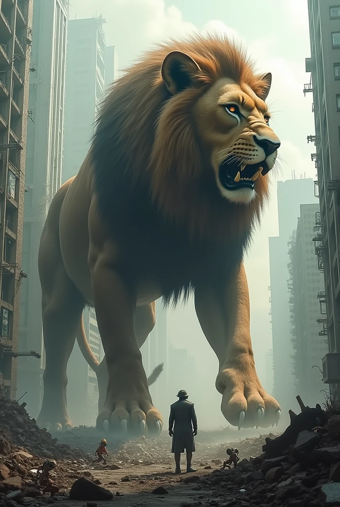 A giant humanoid lion trampling buildings with small subbis climbing on it.