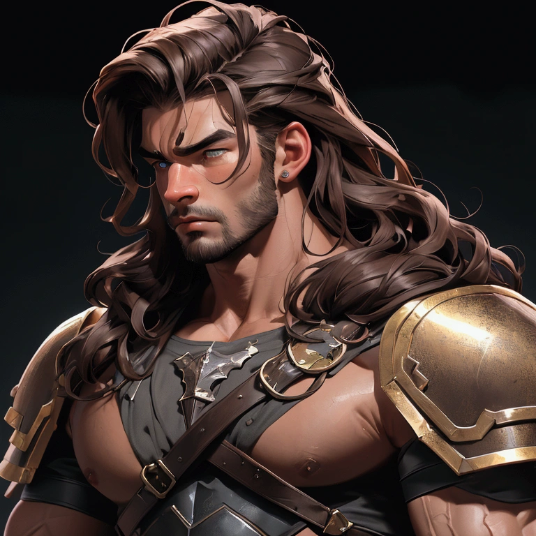 envision a 8k, highres, cinematic close up portrait of an man named Hercules with a strong face, muscular body, no facial hair with long wavy brown hair, and dark eyes wearing baggy sweatpants shirtless with leather armor pads against a dark gray background
