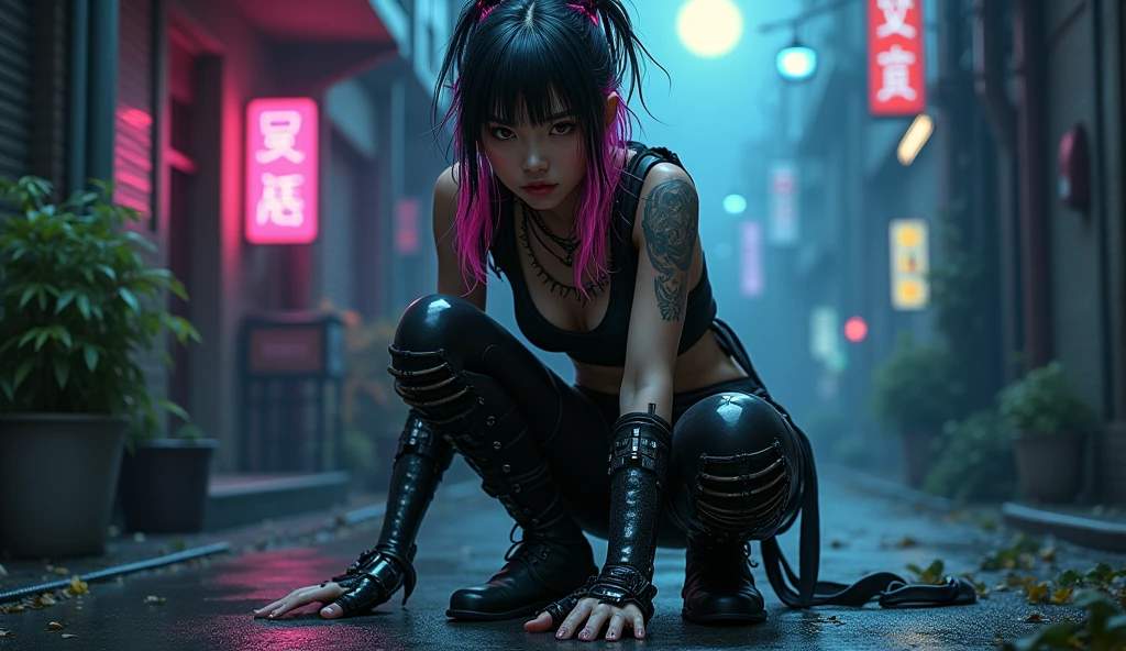 Female Asian, serious face, messy hair tied with neon tips, amber eyes, cybernetics in eyes, scar on left eye, left arm with few Black carbon cybernetics, neon designer coat clothing, tattoo with family symbol on forearm, night alley background, moon reflection on Walter, Pose crouched on the floor against sharpening carbon robot arm blade