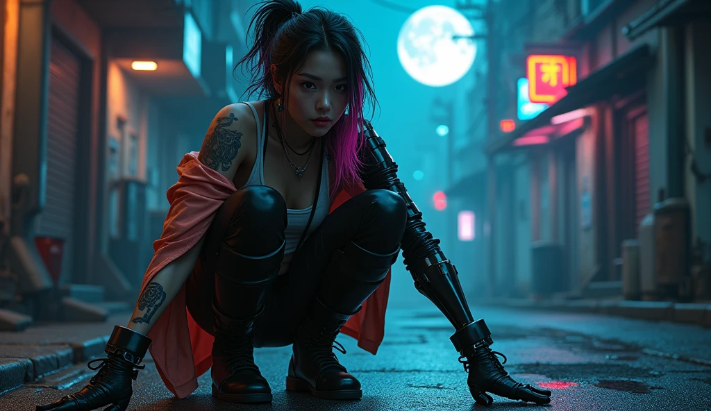 Female Asian, serious face, messy hair tied with neon tips, amber eyes, cybernetics in eyes, scar on left eye, left arm with few Black carbon cybernetics, neon designer coat clothing, tattoo with family symbol on forearm, night alley background, moon reflection on Walter, Pose crouched on the floor against sharpening carbon robot arm blade