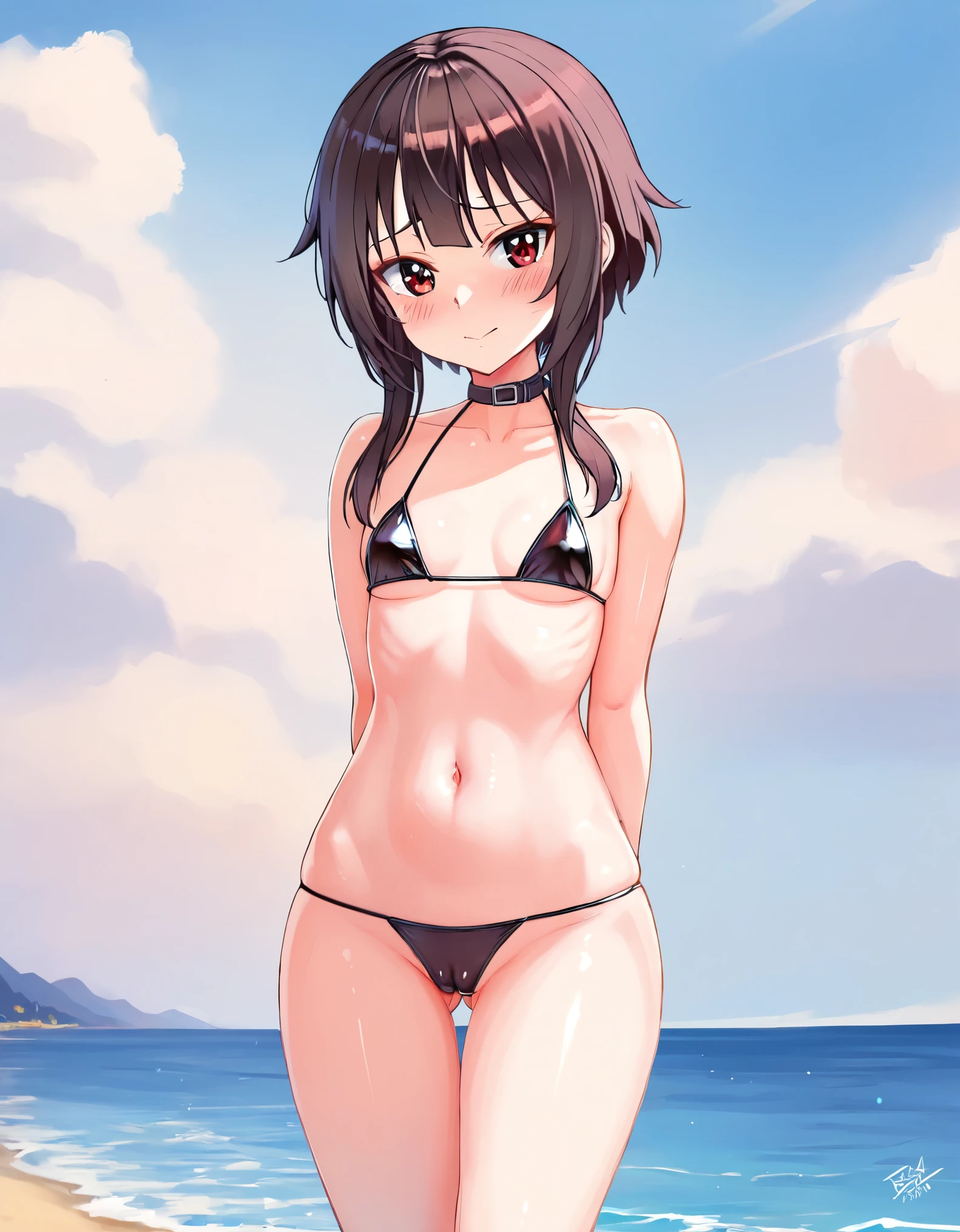 32k, best quality, ultra high res, HDR, UHD, extremely detailed CG, unity 32k wallpaper, masterpiece, highest quality, Super detailed, figure,, short hair, One girl, whole body, Swimwear,, Detailed Background, mksts style, Beach, sunset, (highest quality:1.2, Very detailed, Latest, Vibrant, Super Detail, Ultra-high resolution, High Contrast, masterpiece:1.2, highest quality, Best aesthetics, there is:0.9), alone, (1 female), Megumin, short hair, black hair, (red eyes:1.3), short hair with long locks, minimal, 1girl, solo, ((black bikini)), red eyes, nose blush, shy, looking at viewer, cameltoe, cute overload, small breasts, slim figure, ulzzang, standing, contrapposto, sexy, arms behind back,
