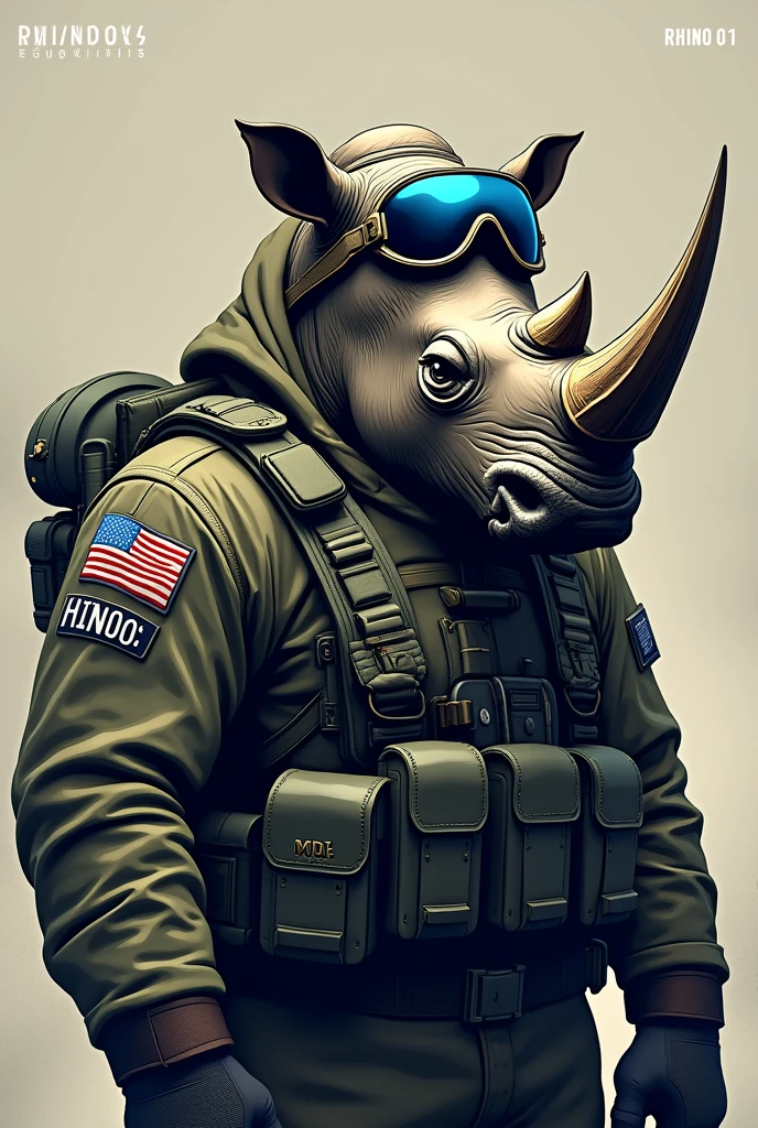 Create a military emblem of a rhinoceros dressed as an aviator and its name is rhino -01 that on the shoulders has a patch with the flag of Honduras