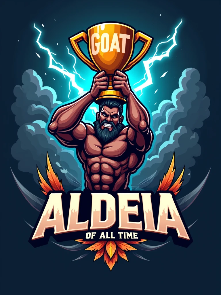 Create a sports logo for FPS games with the name ALDEIA featuring a mascot, the Thunder God Tupã, holding a trophy that says GOAT inside.