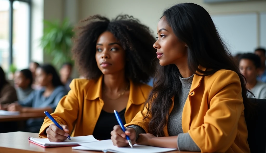 Two 20-year old sexy busty Nigerian female university students, sitting in a lecture room with their writing materials.