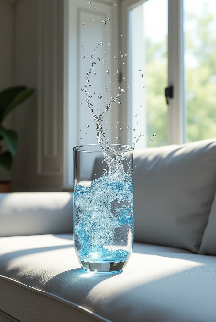 glass of water falling on the waterproofed sofa