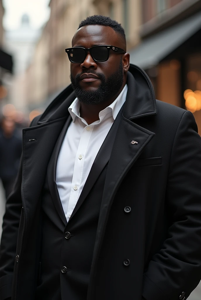 Believe me, a dark-skinned, chubby man with a black coat and black Versace glasses and a white button-down shirt 