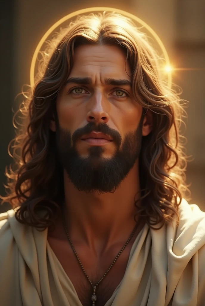 “Depiction of Jesus Christ from the waist up, focusing on his face. He has a gentle and serene expression, with deep, compassionate eyes. His long, wavy hair frames his face, and a soft halo of light surrounds his head. He wears a simple robe with a visible neckline. The background is subtle and slightly blurred, emphasizing the details of his face and the warm, golden light illuminating his features.”