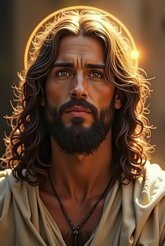 “Depiction of Jesus Christ from the waist up, focusing on his face. He has a gentle and serene expression, with deep, compassionate eyes. His long, wavy hair frames his face, and a soft halo of light surrounds his head. He wears a simple robe with a visible neckline. The background is subtle and slightly blurred, emphasizing the details of his face and the warm, golden light illuminating his features.”