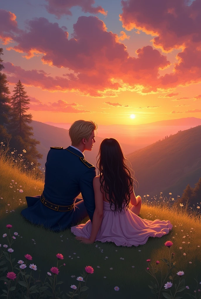 create a book cover image of a couple watching the sunset on top of a hill with a woman with long, dark hair and a strong military man with slightly long, blond hair lying on the grass watching the sunset