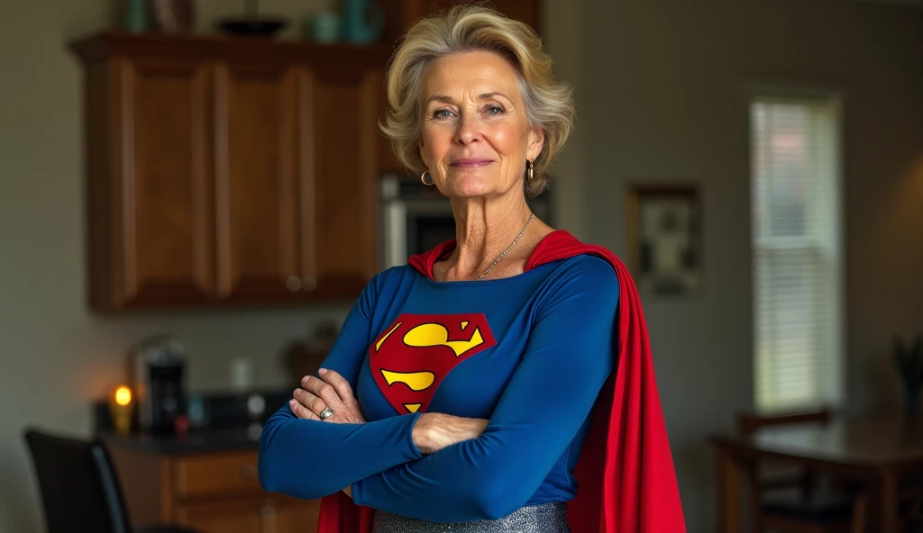 (((very beautiful old Supergirl (((1984s costume))) Julie Hagerty))) Super old woman Julie Hagerty; confident, powerful, indestructible, attractive; big and firm chest; strong breasts; arms crossed. HD. Photograph, ((realism)), extremely high quality RAW photograph, ultra detailed photograph, sharp focus, high resolution, (detailed skin:1,3),high quality, film grain, Fujifilm XT3,Highly Detailed, movie, (Cinematic Photo:1.3) of (Realistic:1.3)