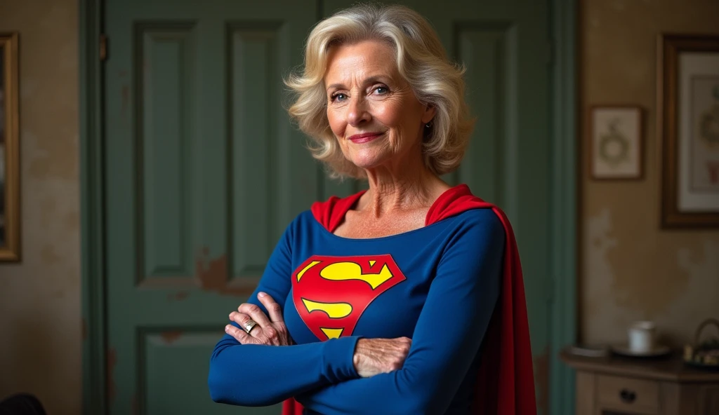 (((very beautiful old Supergirl (((1984s costume))) Julie Hagerty))) Super old woman Julie Hagerty; confident, powerful, indestructible, attractive; big and firm chest; strong breasts; arms crossed. HD. Photograph, ((realism)), extremely high quality RAW photograph, ultra detailed photograph, sharp focus, high resolution, (detailed skin:1,3),high quality, film grain, Fujifilm XT3,Highly Detailed, movie, (Cinematic Photo:1.3) of (Realistic:1.3)
