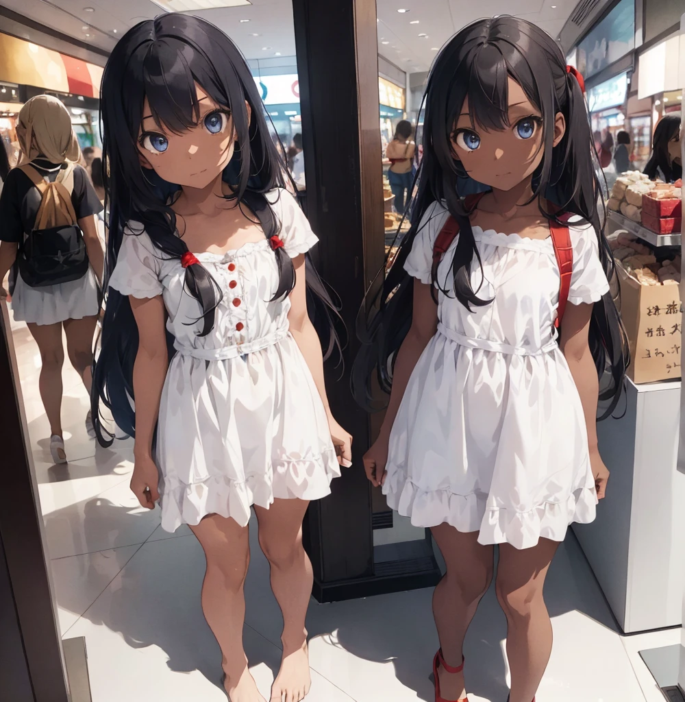 2 female, darker skin, as a child, children's, , white long dress, small legs, lightest blue eyes, red twin tail hair, twin, in mall, dress store