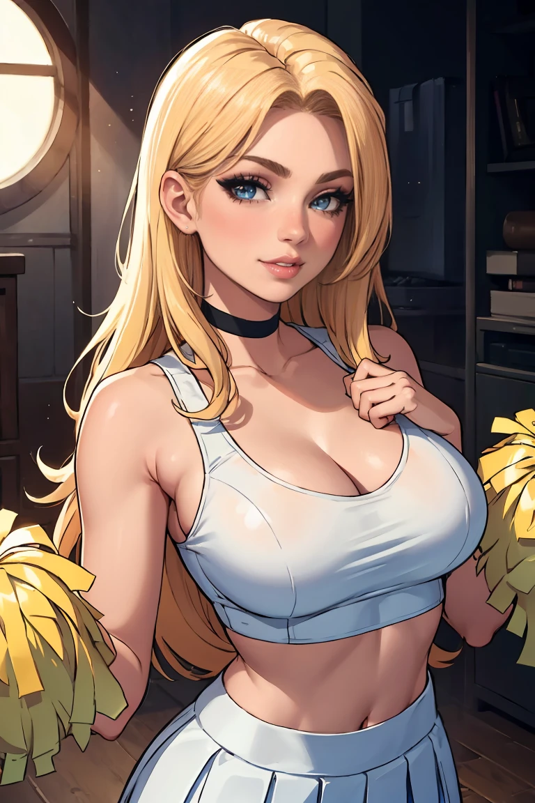 best quality, ultra high res, 1girl, mature woman, blonde long flowing hair, wearing a cheerleader outfit, white cheerleading crop top, white cheerleading skirt, white cheerleading choker, 1girl, beautiful, masterpiece, best quality, extremely detailed face, perfect lighting, 1girl, solo, best quality, ultra high res, ultra detailed,, masterpiece, best quality, cleavage, seductive smile, mature woman, perfect eyes, perfect face, perfect chin, heavy makeup (eyes, eyebrows, lips), perfect hands, seductive pose
