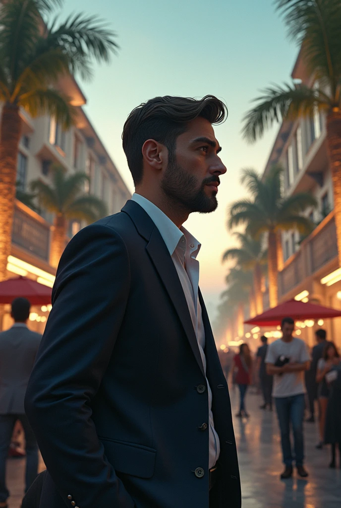 A sad man watching others achieve their goals, Those who succeeded very happily and with luxury also appear.