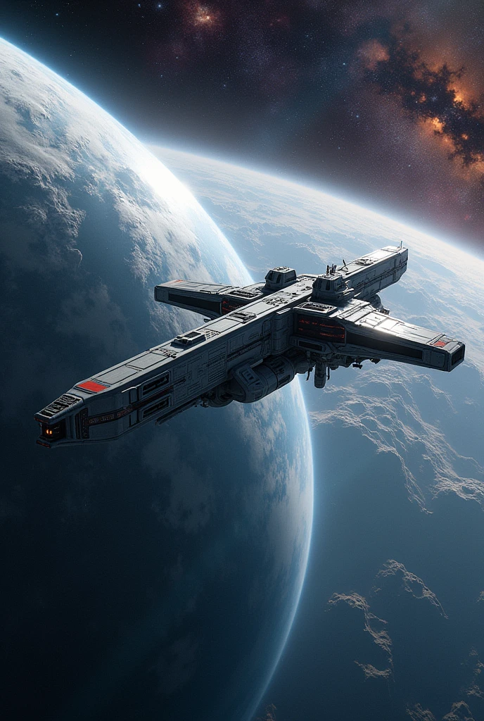 A creation depicting a space station orbiting a planet in the vacuum of space