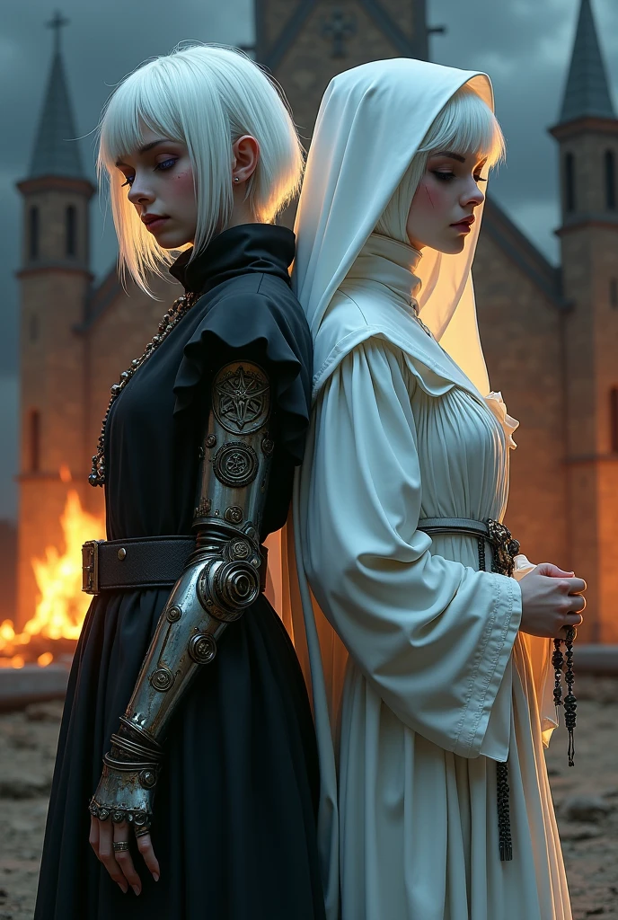 Two albino girls from the Middle Ages standing back to back with violet eyes and white hair, with the one on the left with short hair in dark alchemist clothes and with the left arm with a steampunk prosthesis with a pentagram and blood, and the one on the right in white nun&#39;s clothes holding a rosary with her eyes closed, with a church burning behind, the night.