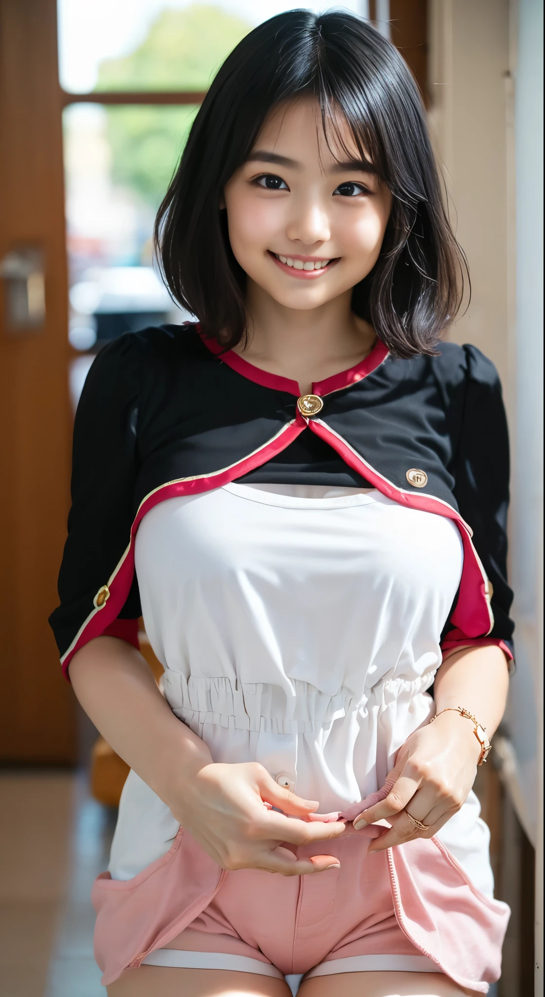 (8k、Raw photography、Highest quality、masterpiece:1.2),(Black Hair、Dark Eyes:1.9),(:1.7)、View your viewers,Front view,White skin,(:1.4)、(Tight waist:1.6)、(Clothes that accentuate the shape of the breasts:1.4)、(Big Breasts :1.6)、Slim figure、Ultra-high resolution,beautiful,beautiful fece,(One person、No background:1.9),whole bodyボディー,Japanese women,(reality的:1.37)、Photon Mapping,reality、(Baby-faced and cute: 1.4)、(Cute Smile: 1.8)、(Round face: 1.8)、Radio City、Physically Based Rendering、Depth of field rally background、photograph, (I can see your knees、Thigh close-up:1.8),(:1.6),whole body、Great quality