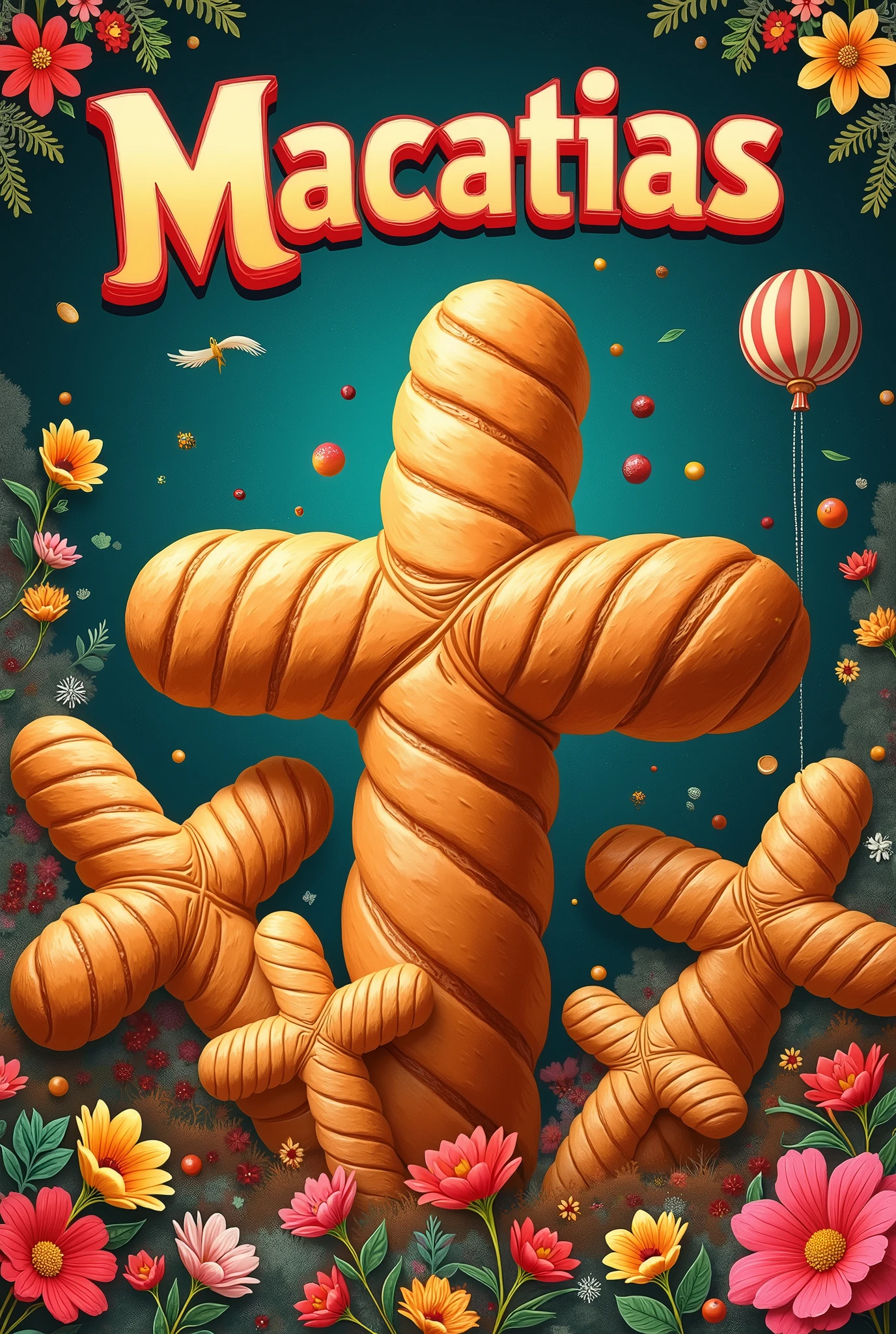 Affiche publicitaire rétro. Magnifique Macatias. Pâti. Plusieurs grosses boules de pain nature bien ronde taillé en croix  Multicolore. Détails surréalistes. Beaucoup de détails autour. (Titré : Macatias)