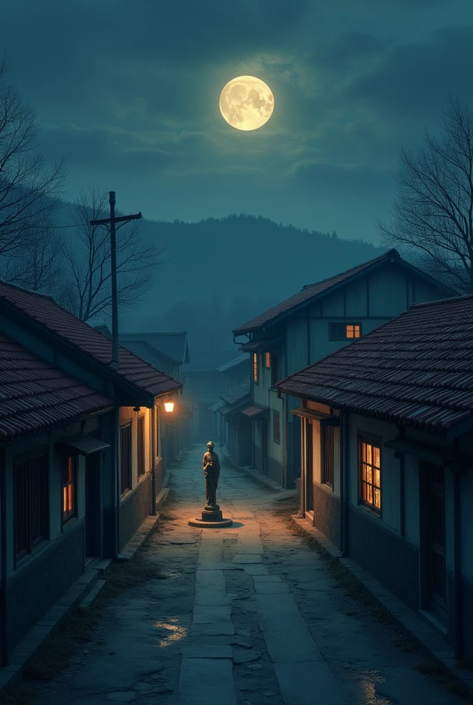 A quiet village at night with simple houses, red ceramic roofs, and glowing windows. The village is empty and has an eerie, desolate atmosphere. In the center stands a statue, and the houses have an old, rural appearance. The moon is partially hidden by clouds, casting a dim light over the scene, enhancing the feeling of emptiness and isolation. The overall setting is realistic, with a strong sense of loneliness and quietness.