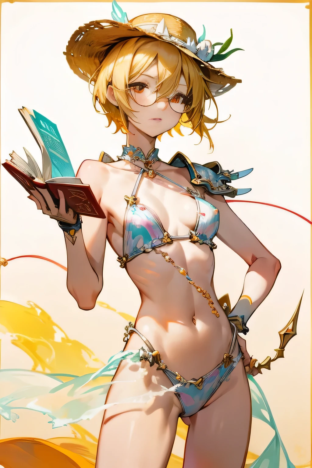(Marco),Perfect ,don quixote \(limbus company\, Naked、Blonde hair, a beauty girl、eye glasses、middlebreasts、Short hair, hair between eye, Orange Eyes、String bra、the chest is perfectly visible、pierced nipple、Chain scientist hat from the nipple、Basketball Hand、armor、`She has a book and a sword、(Bachelor's degree in ancient Rome )、Cowboy style、hiqcgbody