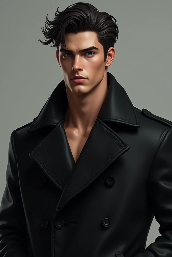 a sexy tall masculine man of 20 years old with black hair and blue eyes while wearing a black coat. Looking forward