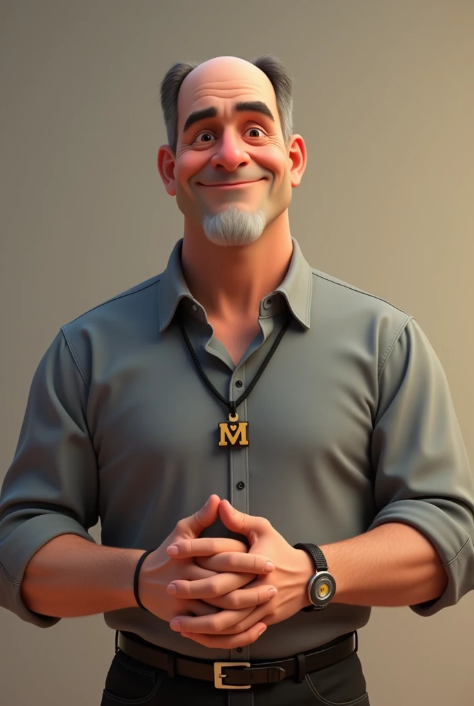 Make a man, Pixar-style. white male. 40 year old, bass guitar. with almost bald hair. Bblack hair , with a cross-shaped cord with an M in the middle. gray dress shirt. black pants. hands on top of each other.