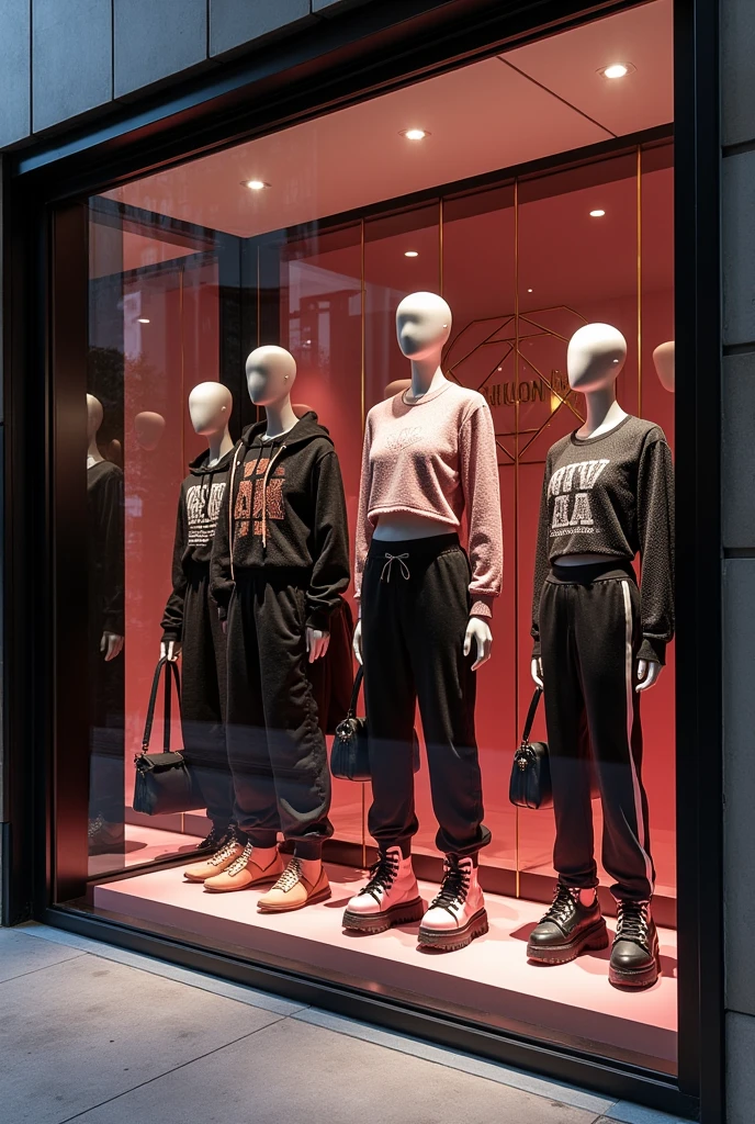 boutique de vêtement de luxe , devanture rose et noir, thème années 2000, vitrine jogging y2k et tops courts à strass avec grosse chaussuresac a main noir
