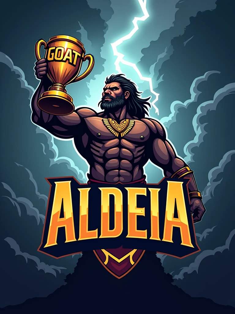 Create a sports logo for FPS games with the name ALDEIA featuring a mascot, the Thunder God Tupã, holding a trophy that says GOAT inside.
